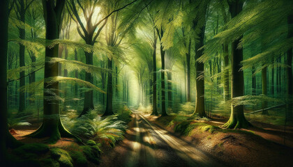 green forest with light beams