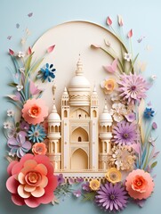 Ramadan kareem and eid fitr islamic concept background illustration with mosque and blossom flowers in paper cutting style 3D for wallpaper, greeting card and flyer. Aesthetic colorful pastel color.