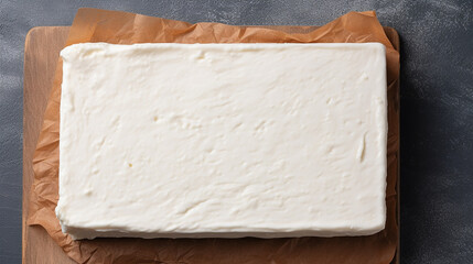 Greek feta cheese on grey background. Top view with copy space	 - obrazy, fototapety, plakaty