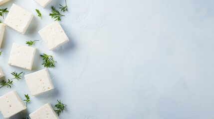 Pieces of feta cheese on blue background. Copy space.
