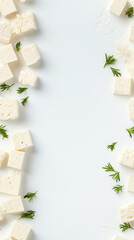 Pieces of feta cheese on white background. Seamless pattern, copy space. - obrazy, fototapety, plakaty