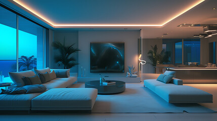 Uma moderna sala de estar apresenta tecnologia de  I A de ponta integrada perfeitamente à vida cotidiana