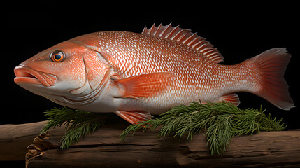 Fresh fish and ingredients for cooking. Raw fish with spices, vegetables and herbs on black slate table. Top view.