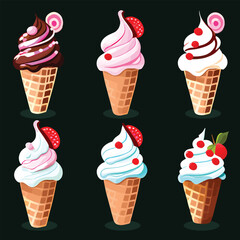 Set of ice cream in waffle cones. Vector cartoon illustration.