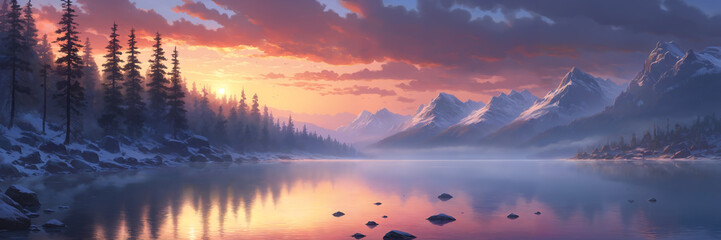 Fototapeta na wymiar A stunning winter scene: snow covered mountains and forest, with a red sunset sky reflecting in the calm lake