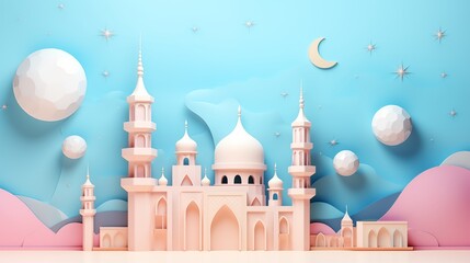 Ramadan kareem eid fitr islamic concept background children illustration with mosque, moon and blossom flowers in paper cutting style 3D wallpaper, greeting card flyer. Aesthetic colorful pastel.
