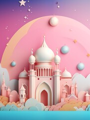 Ramadan kareem eid fitr islamic concept background children illustration with mosque, moon and blossom flowers in paper cutting style 3D wallpaper, greeting card flyer. Aesthetic colorful pastel.