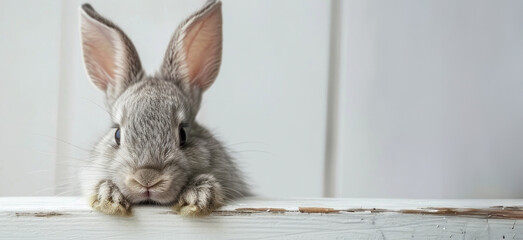 Adorable gray bunny peeks over the edge; curious eyes, fluffy fur, cute animal indoors, white background, close-up perspective, domestic pet, ears up, soft texture, whimsical. Easter concept. Banner.