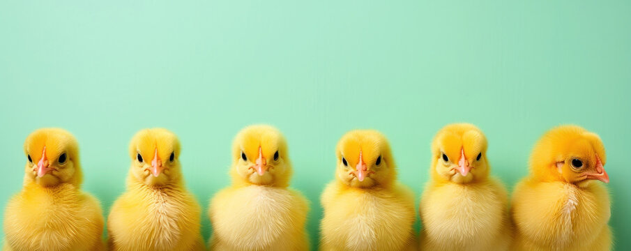 A ro of adorable yellow chicks standing against a soft green background. Seven fluffy baby chickens in a line. Cute, vibrant, and perfect for springtime themes. Easter concept. Banner.