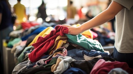 Closeup of a pile of donated clothes being sorted by teen volunteers - obrazy, fototapety, plakaty