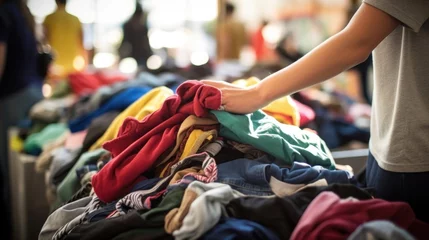 Fotobehang Closeup of a pile of donated clothes being sorted by teen volunteers © Justlight