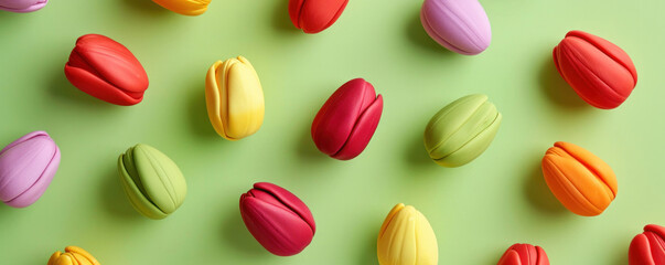 Colorful tulip flowers are arranged over a green background, symbolizing spring, celebration, Easter season, and floral beauty in a minimalist style. Easter concept. Banner.