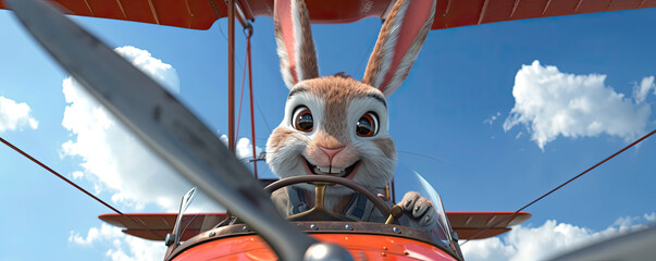Animated rabbit piloting a red vintage airplane with excitement, fluffy ears blowing, clear blue sky, adventurous vibe, fun animation still, children's movie scene. Easter concept. Banner.