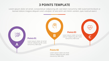 3 points stage template infographic concept for slide presentation with pin tagging location road up and down with 3 point list with flat style