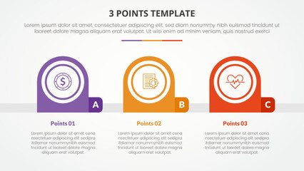3 points stage template infographic concept for slide presentation with creative round circle horizontal with 3 point list with flat style