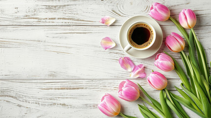 Fototapeta na wymiar Cup of tea or coffee and tulips on wooden table top view with copy space