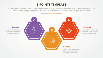 3 points stage template infographic concept for slide presentation with hexagon shape up and down with 3 point list with flat style