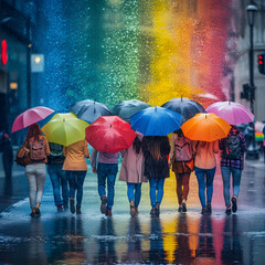 A diverse group of individuals walking in unison, shielded by umbrellas, amidst a rain-filled backdrop.