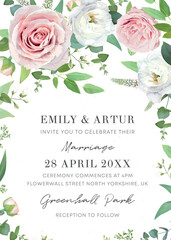 Spring, summer wedding invite design. Elegant watercolor floral save the date card template. Pink, white roses, green eucalyptus branches, leaves, seeds bouquet frame. Editable vector art illustration - obrazy, fototapety, plakaty