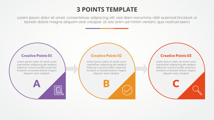 3 points stage template infographic concept for slide presentation with big circle outline and arrow triangle badge with 3 point list with flat style