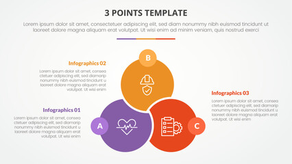 3 points stage template infographic concept for slide presentation with big circle venn linked union badge opposite with 3 point list with flat style