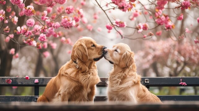 A pair of dogs sitting on a park bench, noses touching generative ai