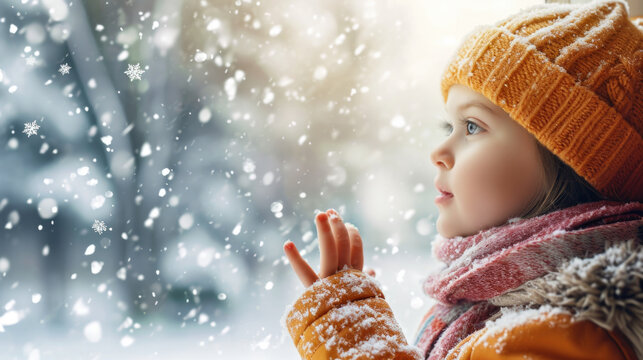 Adorable child looking at the window and first snow flakes with family generative ai