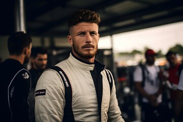 Determined race car driver in a racing suit ready for competition