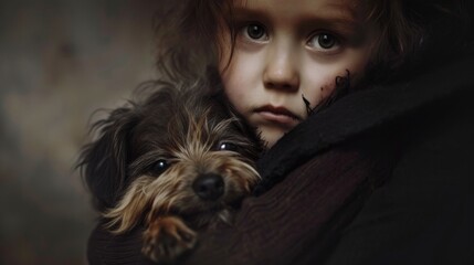 anguished child holding a dog, hopeless and alone generative ai