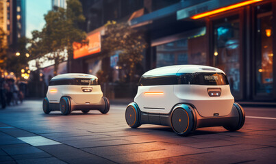 Modern intelligent delivery robots, an autonomous smart guided vehicles delivering order around the evening city. A row of self-driving trucks. Generative AI