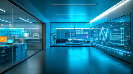 Um espaço de escritório moderno e sofisticado repleto de tecnologia de última geração  O ambiente é banhado por uma suave luz azul enquanto dados fluem em múltiplas telas