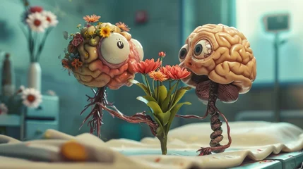 Fotobehang animation of a brain with eyes, giving flowers to another sick brain generative ai © Francheska