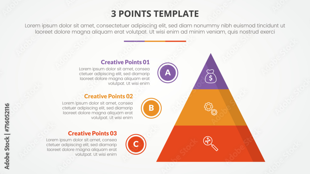 Aufkleber 3 points stage template infographic concept for slide presentation with pyramid and circle outline point list with 3 point list with flat style