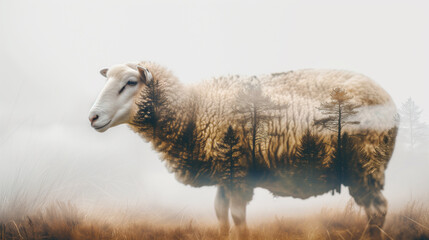 Fototapeta premium Double exposure portrait of sheep blended with tranquil meadow background