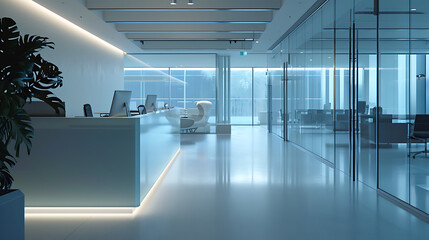 Um moderno espaço de escritório é iluminado pelo suave brilho ambiente das luzes  L E D integradas  As linhas limpas da decoração minimalista criam uma sensação de eficiência simplificada