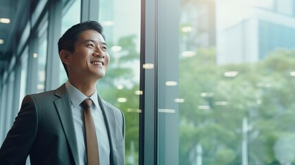 Fototapeta premium Asian middle age business man looking at the window 