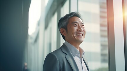 Fototapeta premium Asian middle age business man looking at the window 