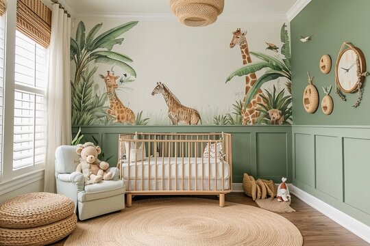 Fototapeta Serene nursery room with a safari theme, showcasing a natural wood crib, a whimsical jungle wall mural, wicker accents, and a round jute rug under soft ambient lighting