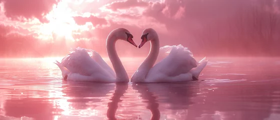Foto op Aluminium Valentines day card with two swans creating a heart shape on a pink cloudy lake and bokeh background. Love concept © Denis