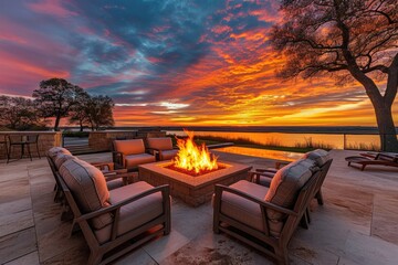 Luxurious chairs and cozy fire pit at a breathtaking sunset - obrazy, fototapety, plakaty