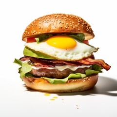 Start your day with a hearty breakfast burger featuring a sunny-side-up egg, crispy bacon, and creamy avocado. Captured on a white background, this burger is a delicious and satisfying morning indulge