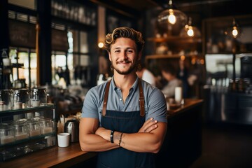 Stylish male barista in an apron standing confidently in a coffee shop