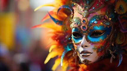 Closeup of a colorful, handpainted mask worn by a performer in the parade, representing an important mythical figure in the culture.