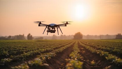 Agricultural drones fly in crop fields