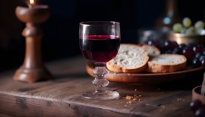 Crystal glass with red wine, bread, on a table