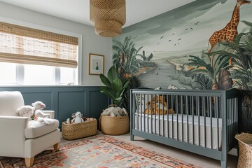 Nursery with a captivating savanna mural, flanked by plush animal toys, a cozy armchair, and natural decor elements - obrazy, fototapety, plakaty