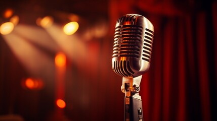 A close-up of a classic microphone center stage, casting dramatic shadows in the ambient stage lighting.