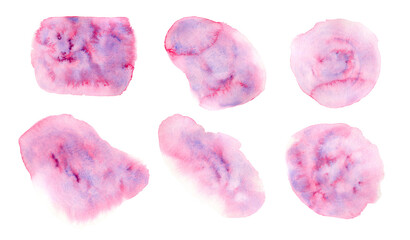 Set of bright textured pink and purple gradient watercolor stains. Vibrant blue and coral watercolour blobs for decoration, wedding greeting cards design, lovely Valentines background