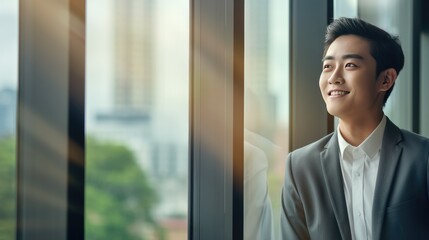 Asian young business man looking at the windows
