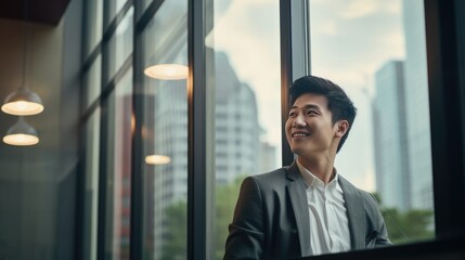 Fototapeta premium Asian young business man looking at the windows